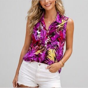VTG Tropical Collared Sleeveless Top Button Down Pleated Bold Multicolored Large